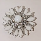 Vintage Milk Glass & Rhinestone Layered Floral Brooch – Bright White Navettes