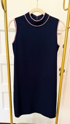 Stefanel Navy w/ Pink Trim Shift Dress Mock Neck Sleeveless Zip, Size 6