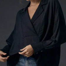 Anthropologie The Dylon Long-Sleeve Wide-Placket Top Size XXS Black EUC