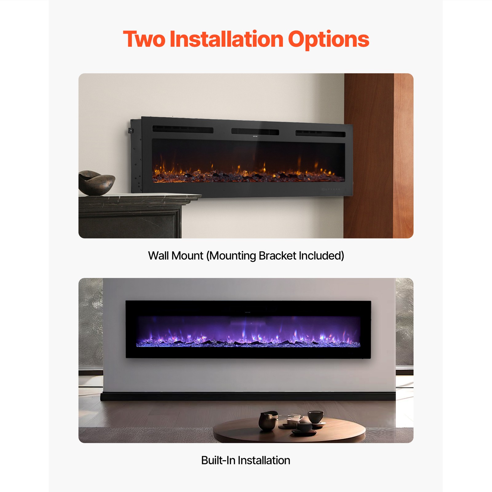 60 inch Electric Fireplace Wall Mounted Recessed with Remote Control 1500W