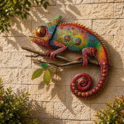 Colorful Chameleon Metal Wall Art, Gecko Lizard Metal Sign, Gecko Garden Wall