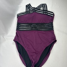 One Piece Front Crossover Swimsuit Meshed striped Detailing neckline Waist