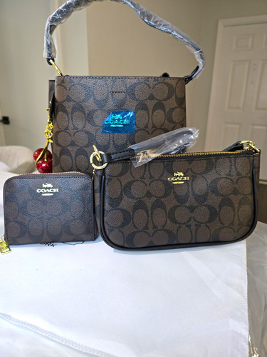 Coach Signature Brown Monogram Top Handle Satchel Zip Pouch Coin Purse Charm3pcs