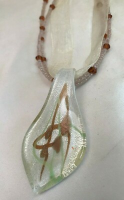 Murano Style Glass Beaded Ribbon Necklace Lamp work Glass Leaf Pendant New! 