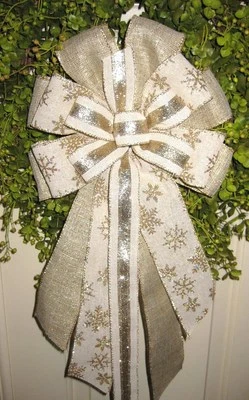 HANDMADE 10 in. CREAM SNOWFLAKE BOW WIRED RIBBON for DOOR WREATH LANTERN GARLAND MAI # 35