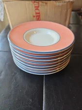 PAGNOSSIN SPA Coffee Plates Saucer SALMON PINK ORANGE CORAL Blue Trim