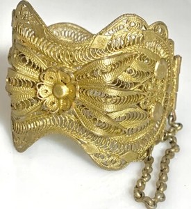 Authentic Antique Moroccan Berber Filligree Cuff Gold Plated Silver Pull Pin Bracelet