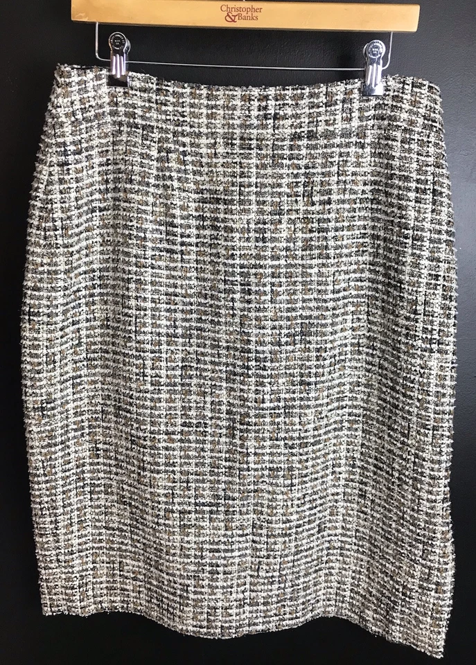 CARLISLE Dorado Marfil Negro Marrón Falda Tweed Lápiz Mezcla de Lana Recta Talla 12