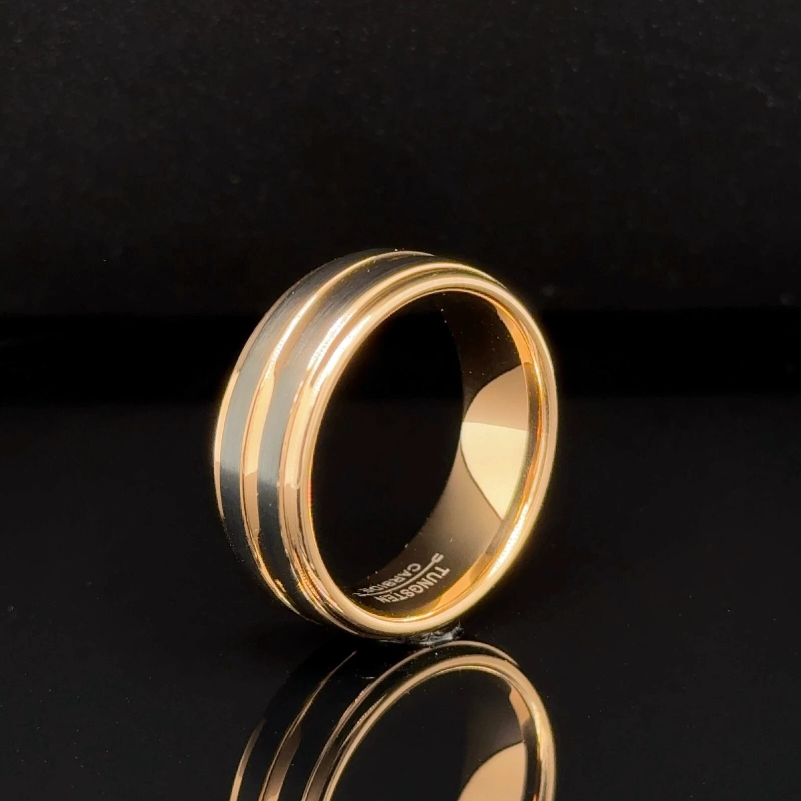 8mm Unisex Tungsten Carbide Stylish Ring Rose Gold Accents Brushed Black Band