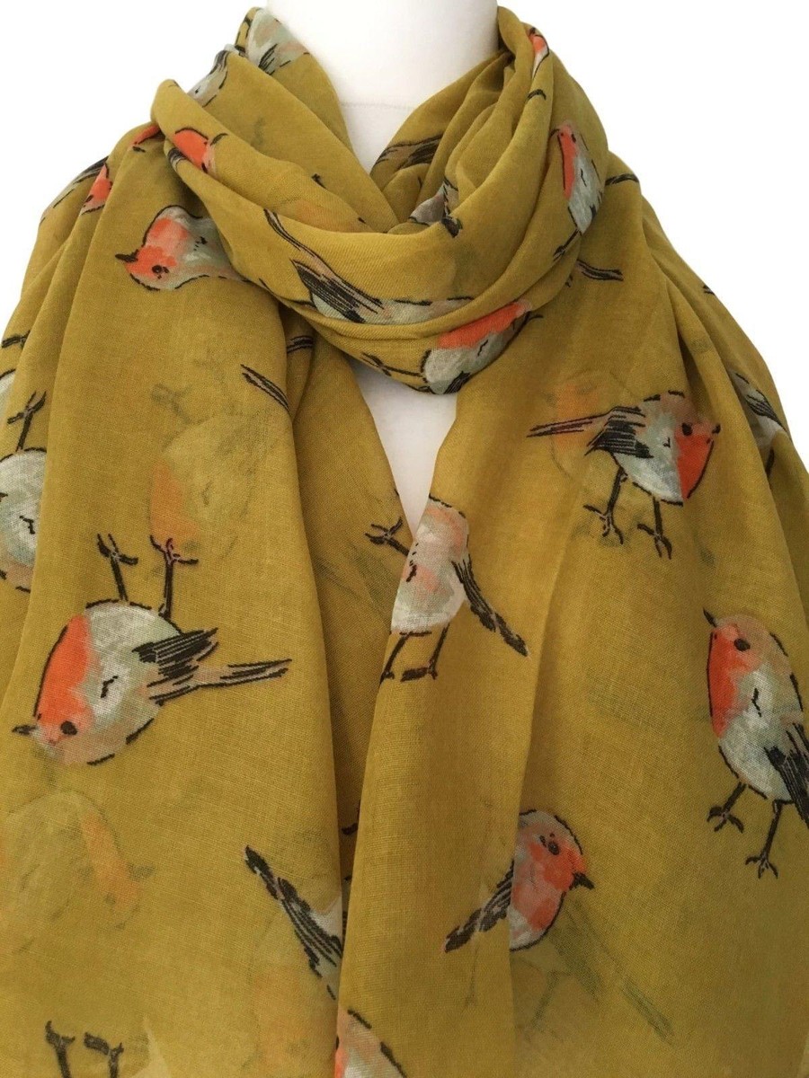 Robin Scarf Mustard Yellow Birds Ladies Red Robins Bird Wrap