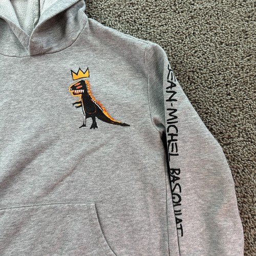 Jean Michel Basquiat Hoodie Boys Medium Gray Dinosaur Pullover Sweatshirt FLAW - Picture 3 of 9