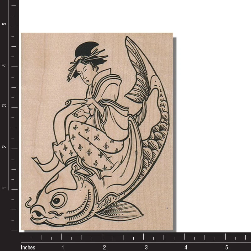 Mounted Rubber Stamp, Geisha Riding Koi Fish, Girl, Kimono, Asian,Japanese,Water - Image 2 of 3