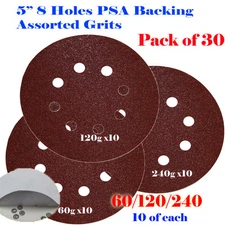 30x 5" 8 Hole 60/120/240 Grit Sandpaper Disk Sanding Sander PSA Adhesive Backing