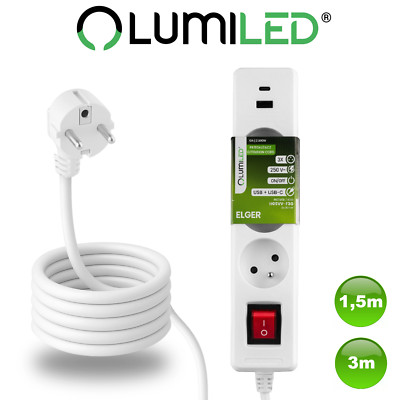 LUMILED Verlängerungskabel mit Schalter 1-3m Stromkabel 3x Steckdose + USB/USB-C