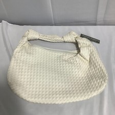 Sondra Roberts Sqaured White Vegan Leather Top Zipper Woven Hobo Handbag  