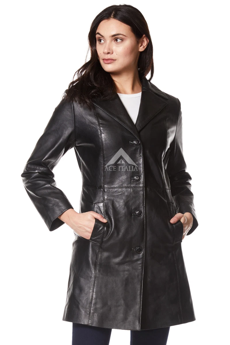 TRENCH Ladies Real Leather Jacket Black Classic Knee-Length Designer Coat  3457