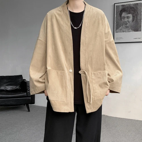 Men Corduroy Kimono Jacket Cardigan Japanese Coat Retro Outwear Loose Casual - Picture 15 of 20