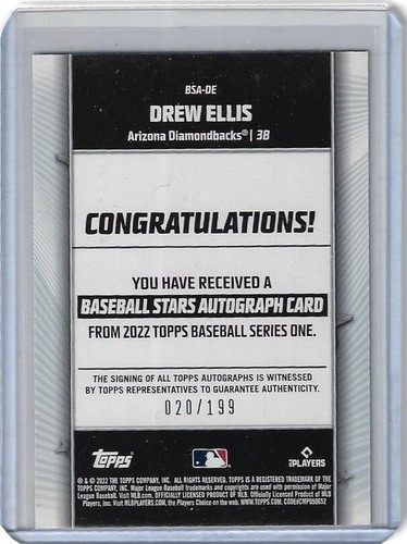 Drew Ellis Baseball Stars Auto 020/199 Rookie Card - 2022 Topps Series 1 BSA-DE - Picture 2 of 2