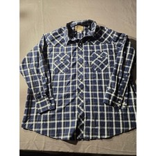Wrangler Western Shirt Mens 2XL Big Navy Blue White Plaid Pearl Snap Long Sleeve