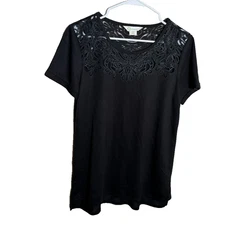 C Wonder Blouse Women's Medium Black Lace Short Sleeve Career Shirt Top