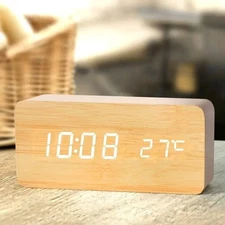 Wooden Digital Alarm Clock with Temperature Adjustable Brightness Voice Control
