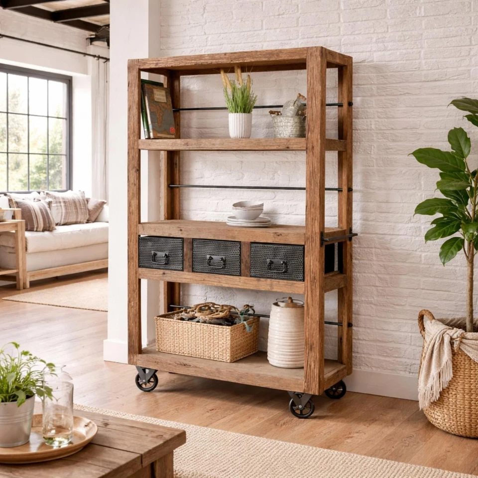 Regal Altholz MARE massiv rustikal Bücherregal rollbar Industrial Style Design - Bild 2 von 4
