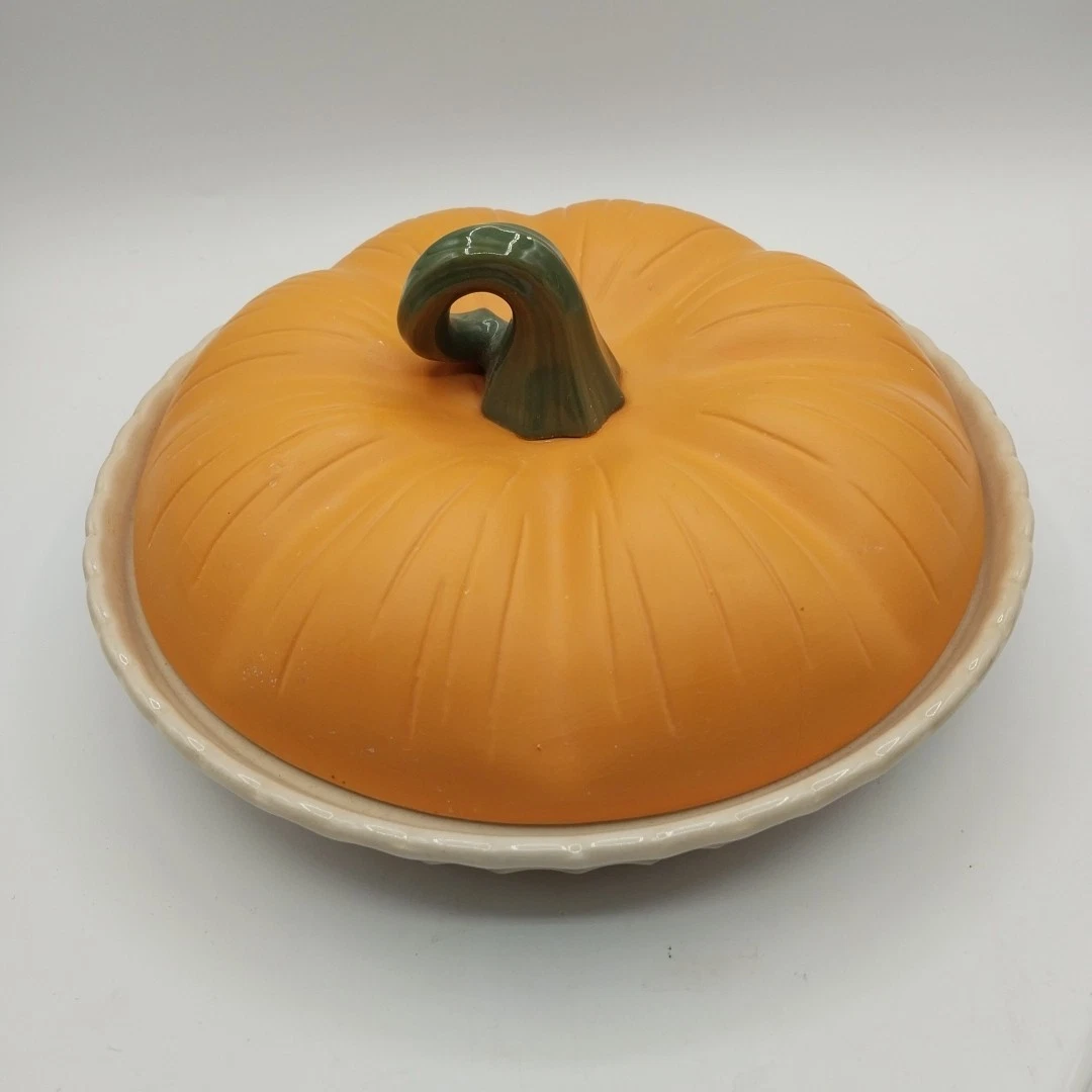 Pumpkin Pie Keeper Plate Dish Covered 2 Piece 11” Vintage Ceramic