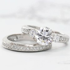 2Ct Round Cut Certified Moissanite Bridal Set Wedding Ring 14K White Gold Plated