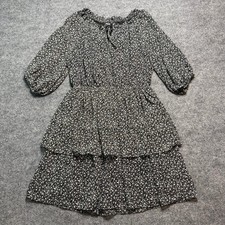 WISHLIST Black Floral Tiered Mini Dress Ruffle Neck Tie Front Puff Sleeve Medium