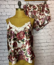 Vtg Dentelle Shiny Satin 2 Piece PJ Set Sleepwear Shorts Top Floral Large USA