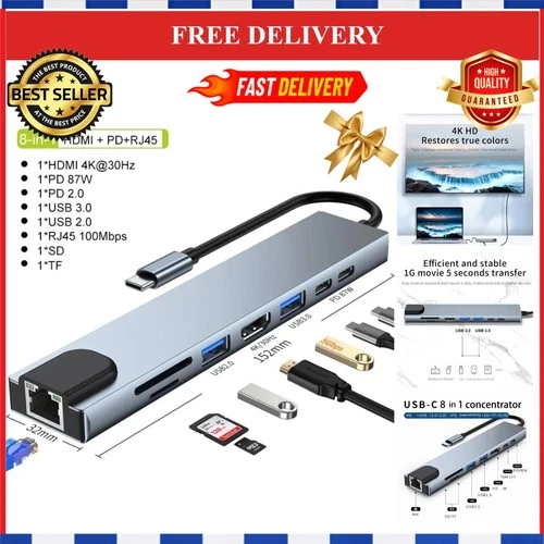 USB-C Hub Multi-Port Adapter 4K HDMI RJ45 SD TF PD USB 3.0