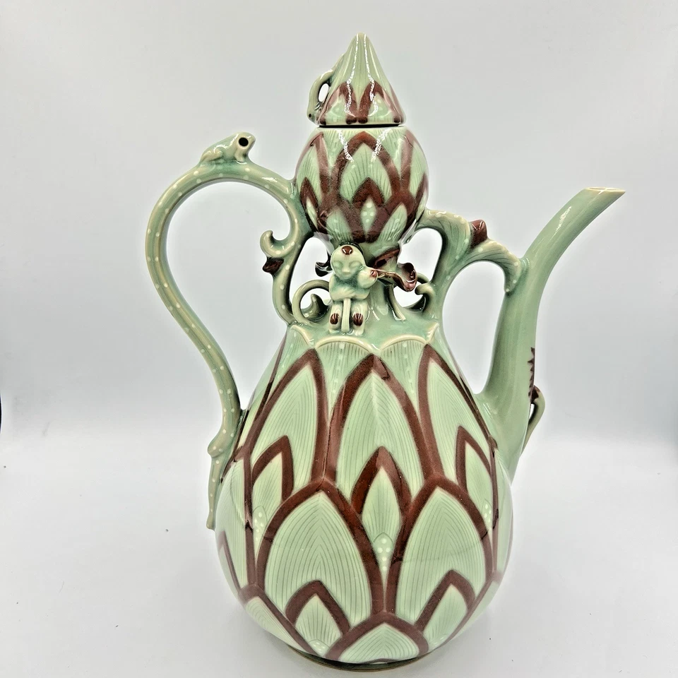 Tetera coreana grande de 12,5" Celadon pétalos de loto verde hecha a mano de colección Foto 3 de 4