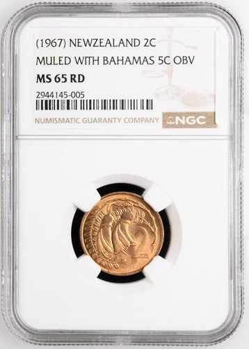 1967 New Zealand Mule: NZ 2 Cents / Bahamas 5 Cents NGC MS65 RD Highest Grade