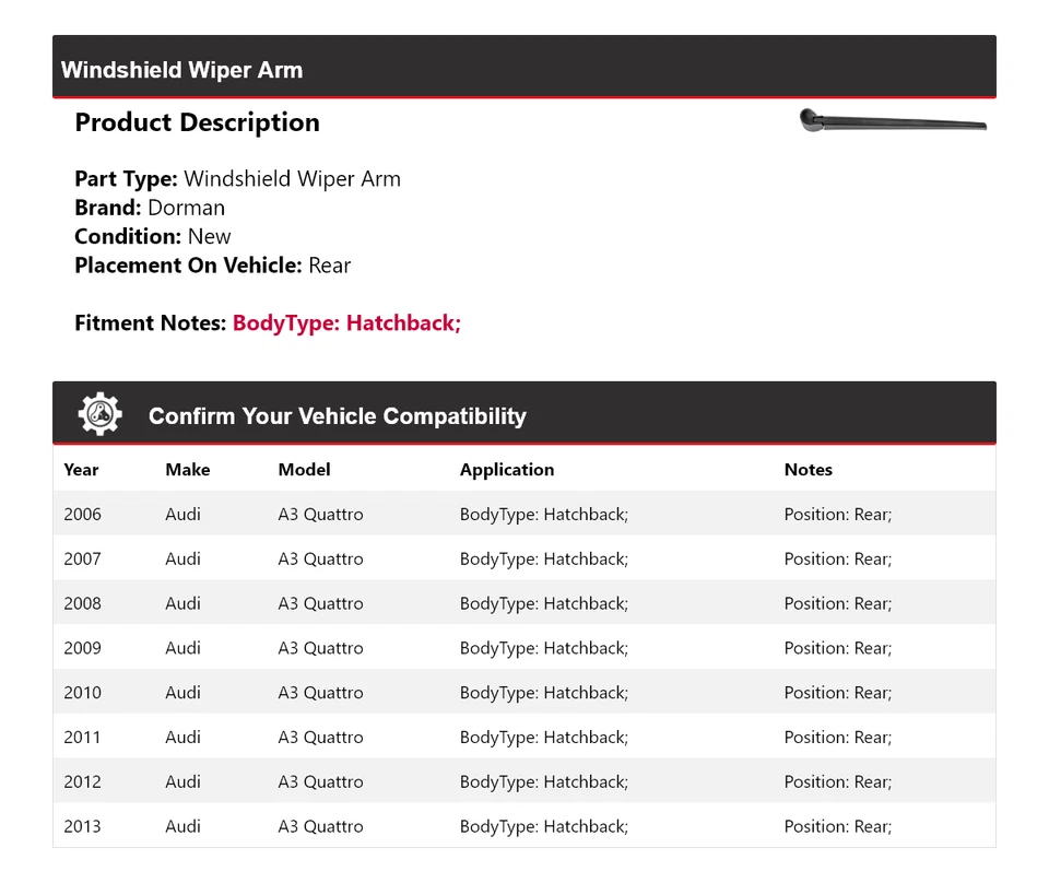 Brazo limpiaparabrisas trasero Dorman 2007 para Audi A3 Quattro Hatchback 2006-2013 Foto 2 de 4