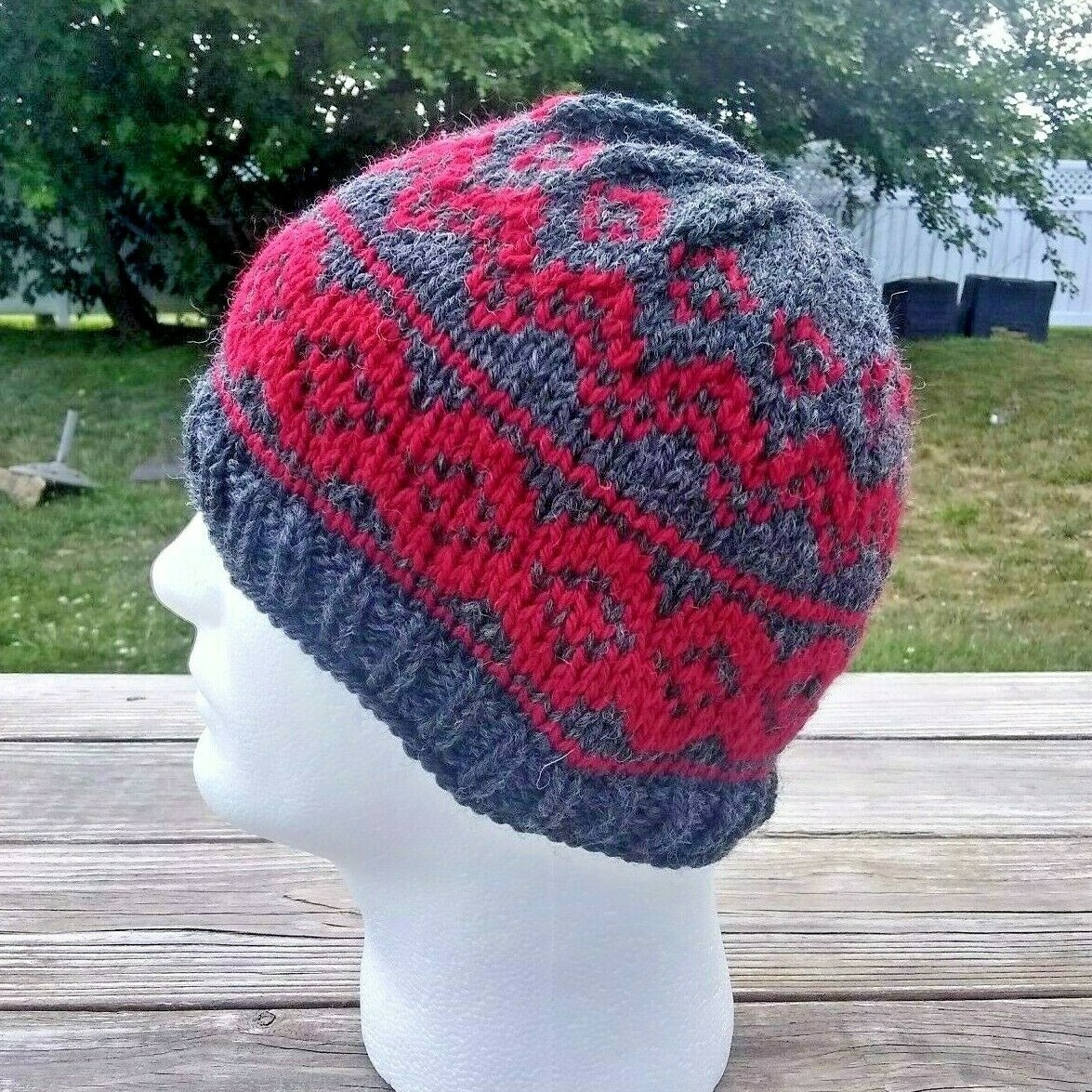Mens Fair Isle Beanie Handmade Hat Gray Red Skully Knit Wool