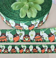7/8  1.5" 1 YD St. Patrick's Day Grosgrain Ribbon Gnomes Leprechaun Clover
