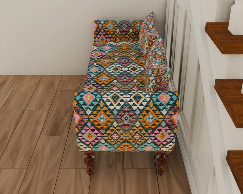 Pink Pastel Multicolor Print Vintage Rug Upholstered Ottoman Bench With Storage - Image 4 of 4