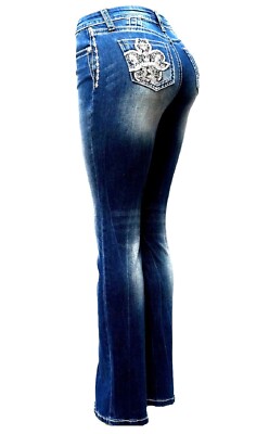 Jack David / Apt.9 Women s Bootcut Jeans Bling Cross Mid Rise Blue Denim