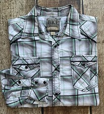BKE ATHLETIC FIT PLAID PEARL SNAP SHIRT GREEN MULTI MENS LARGE GREAT CONDITION