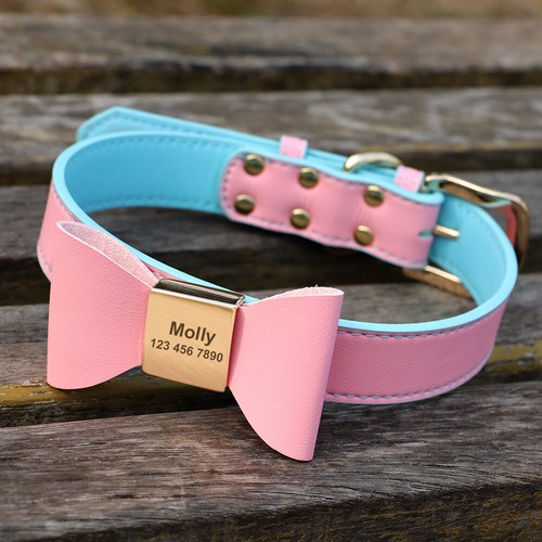 Personalised Leather Dog Collar with Bowtie Custom Name/Number Engraved for Pets - Picture 3 of 20