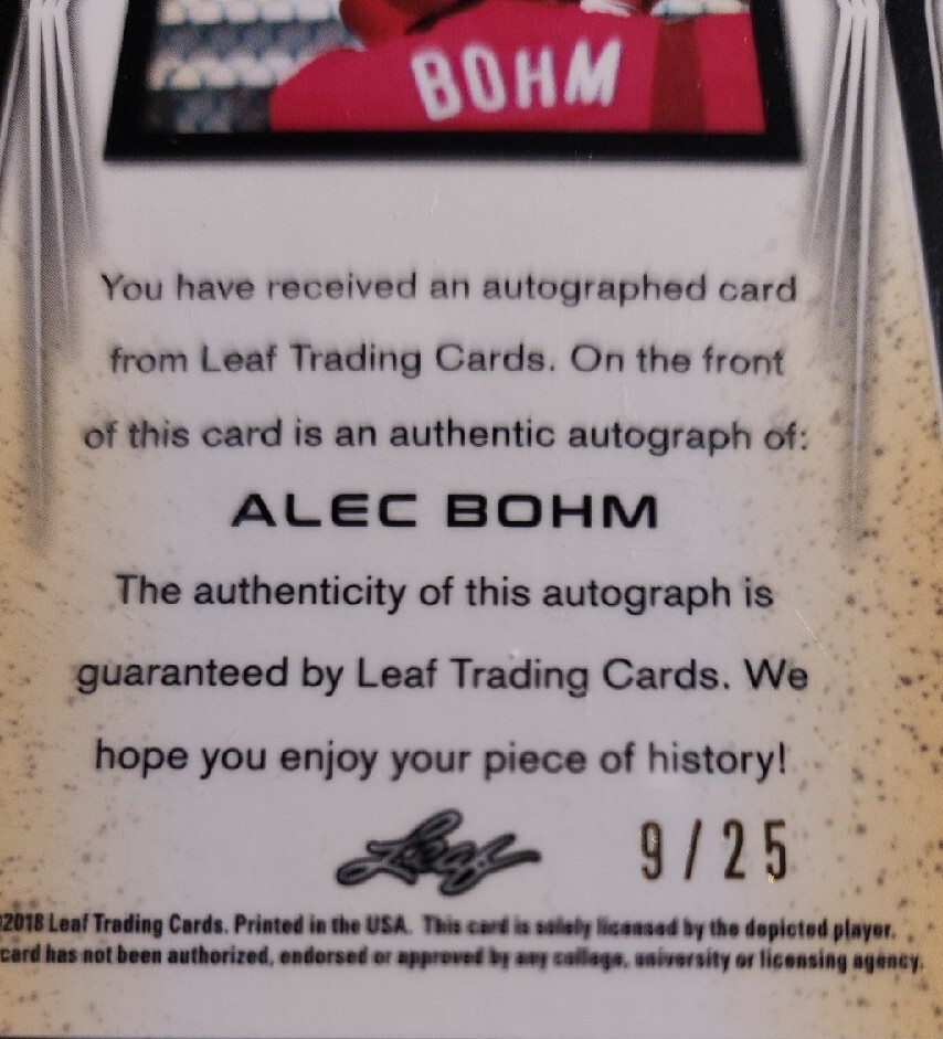 2018 ALEC BOHM RC AUTO #9/25 LEAF PURPLE FLASH Phillies HARD