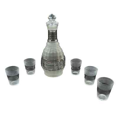 Hazel Atlas Ribbed Ringed Banded 16 Oz. Decanter & 5 Banded Shot Glasses
