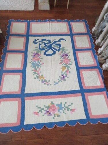 RARE Old QUILT Postage Stamp Wreath Bow Blue Pink Multi Color Hand Stitched - 第 1/22 張圖片