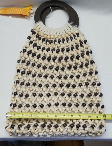C & C California Beige Macrame Beaded Round Wooden Handle Boho Hippie Purse Bag - Picture 6 of 7