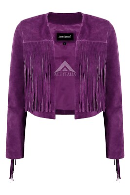 Damen Fransen Western Kurz Body Vintage 90er Style Cropped Wildleder Lederjacke