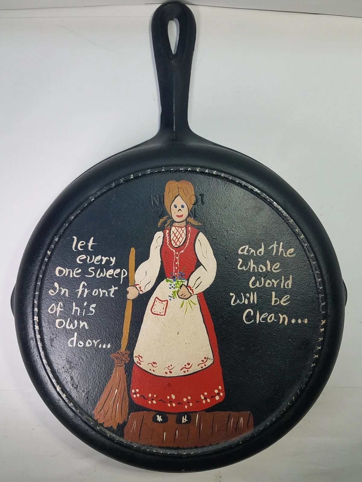 BSR No. 7 Century 10 1/8” Vintage Cast Iron with Heat Ring Hand Painted Folk Art