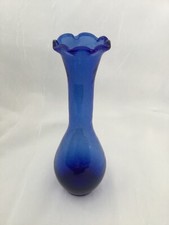 Vintgae Cobalt Blue Vase Coastal Decor Handblown Glass Flower Home Bud Fluted
