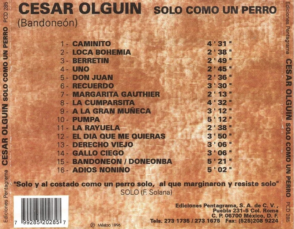 César Olguín - Solo como un Perro (CD 1998) Mexican Release - Image 2 of 2