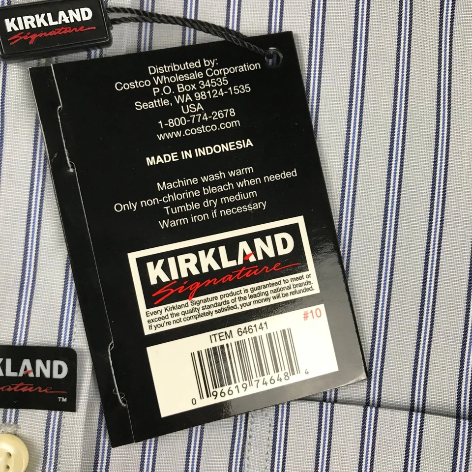 Kirkland Signature Shirt Mens 17 Blue Striped Non Iron Button Up Long Sleeve NWT - Image 3 of 4