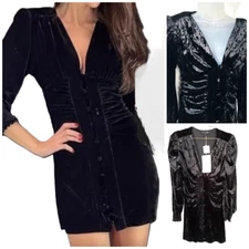 Oak & Trellis Dress S Black V-Neck Ruched Button Velvet Vampire Nwt Witchy Goth